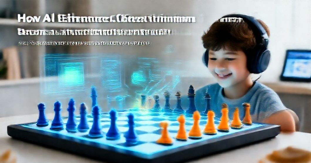 AI chess training for kids. Chessboard, AI nodes, & cognitive skill icons showing learning.