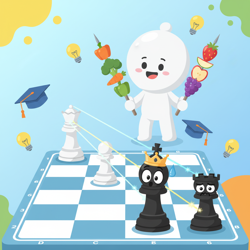 Chess skewer tactic explained for kids! White Queen skewers Black King and Rook. Fun chess lesson.