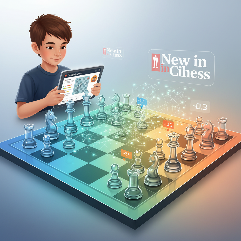 AI enhances chess training for kids. Holographic chess board, *New in Chess* magazine, online learning.