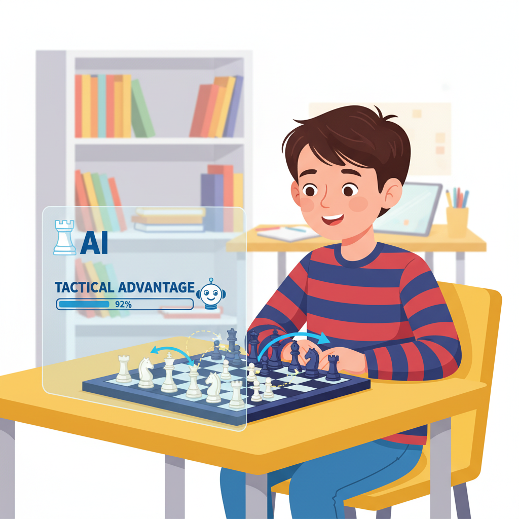 AI chess training for kids: Boy solves chess puzzle with AI assistants. Unlock Chess Mastery!